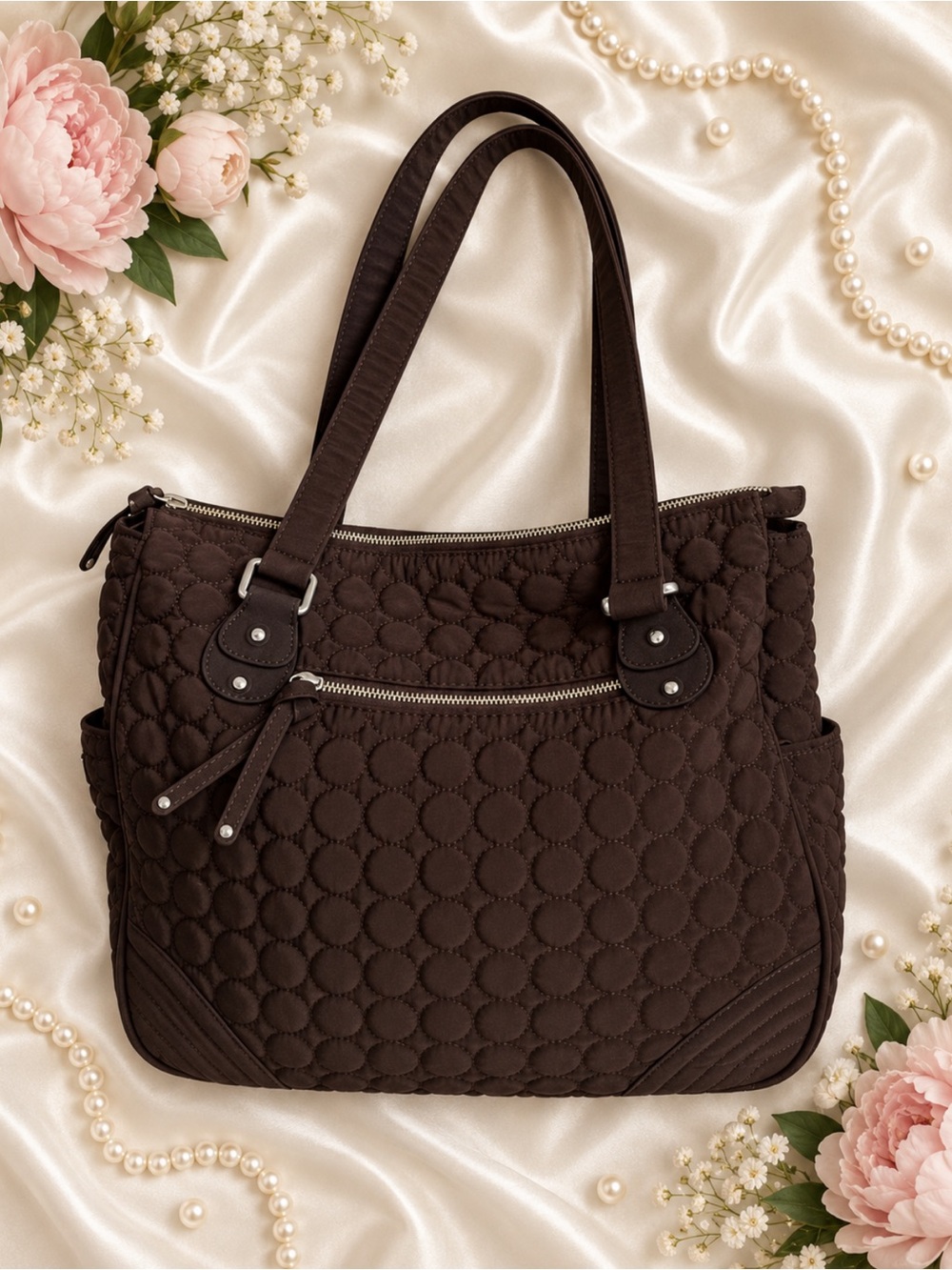 Vera Bradley Espresso Brown Microfiber Medium Tote Shoulder Bag **EUC**